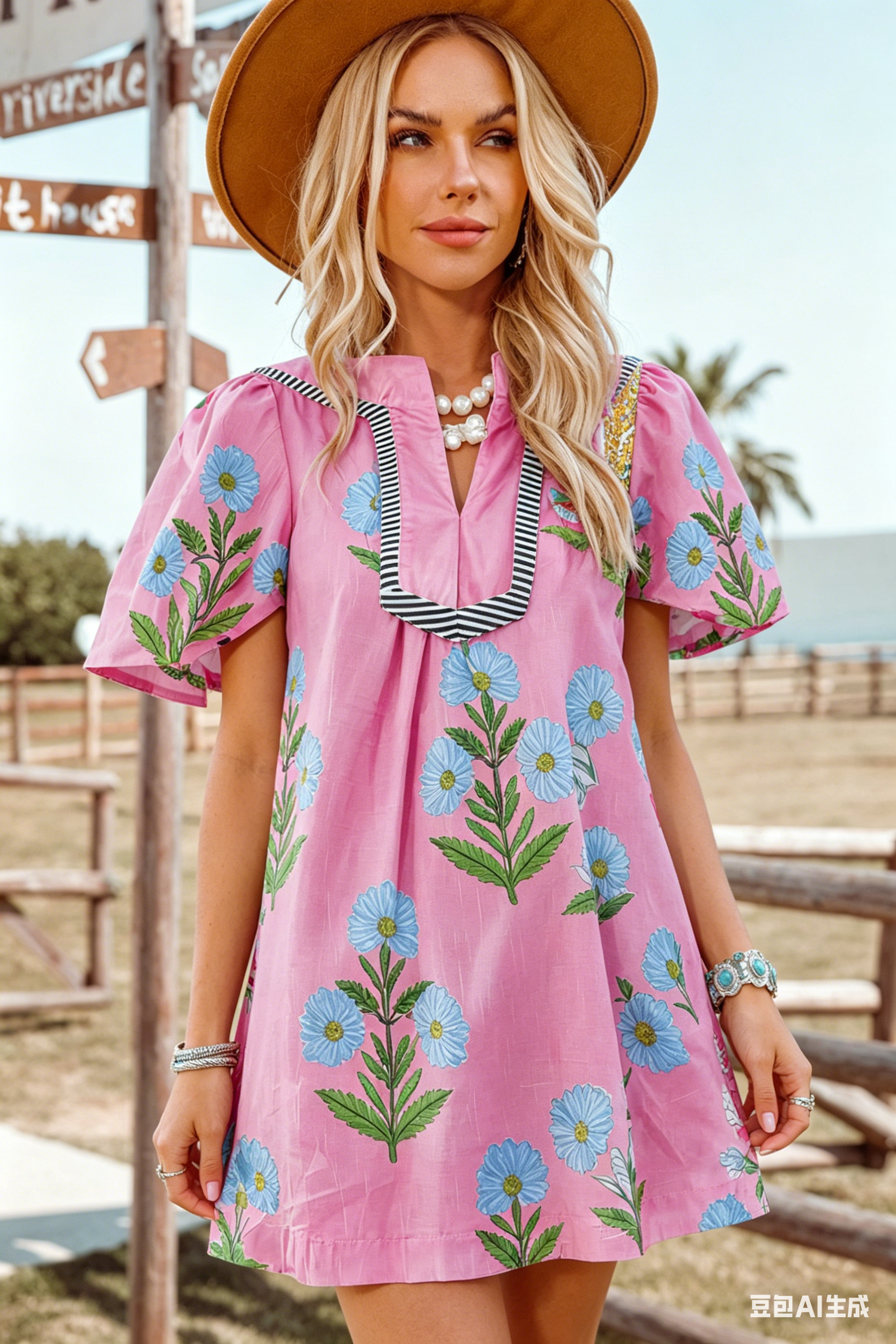 Summer 2026 Floral Short Sleeve Split Neck Boho Mini Dress: Blue / Missy / M