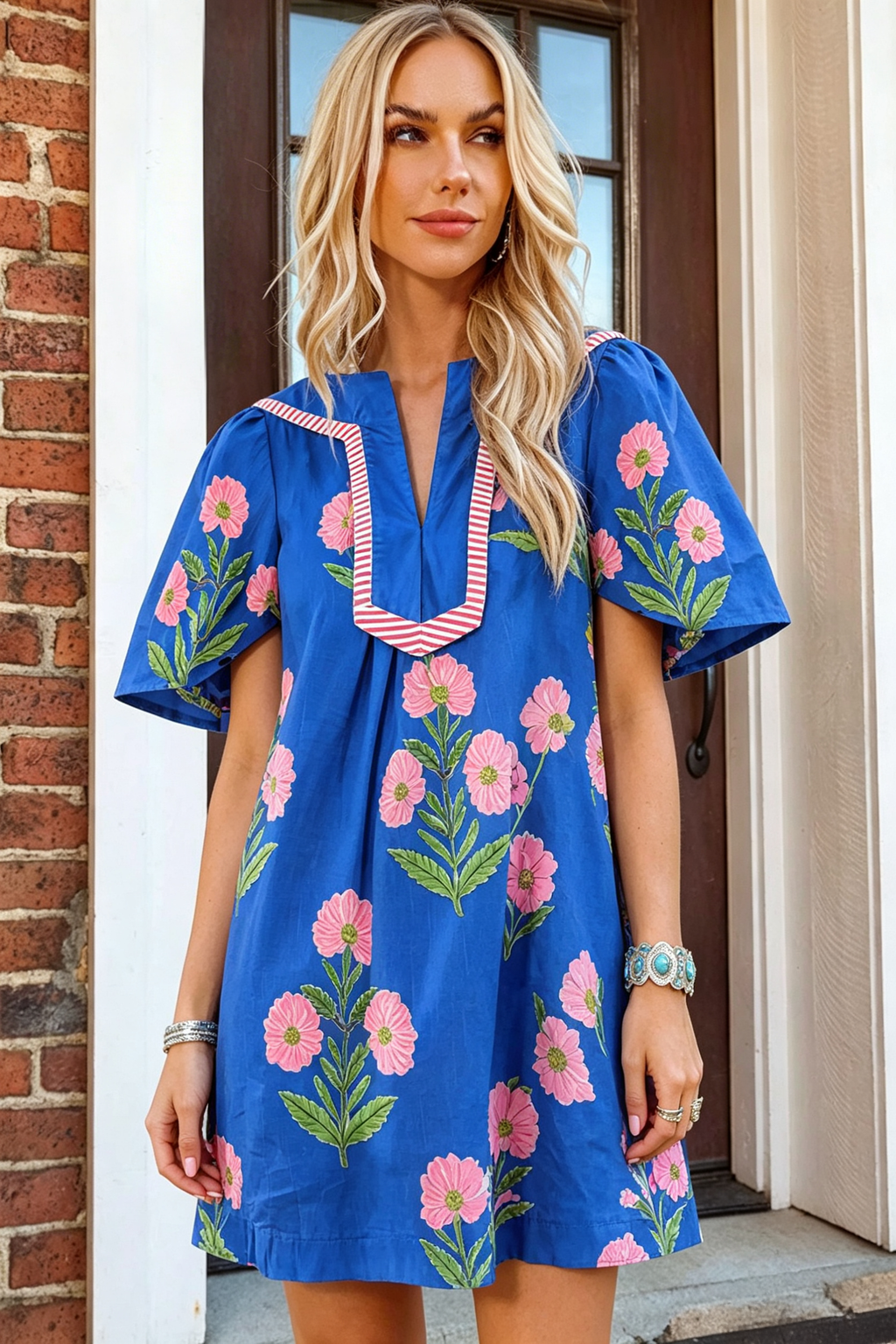 Summer 2026 Floral Short Sleeve Split Neck Boho Mini Dress: Blue / Missy / L