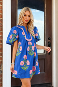 Summer 2026 Floral Short Sleeve Split Neck Boho Mini Dress: Blue / Missy / S