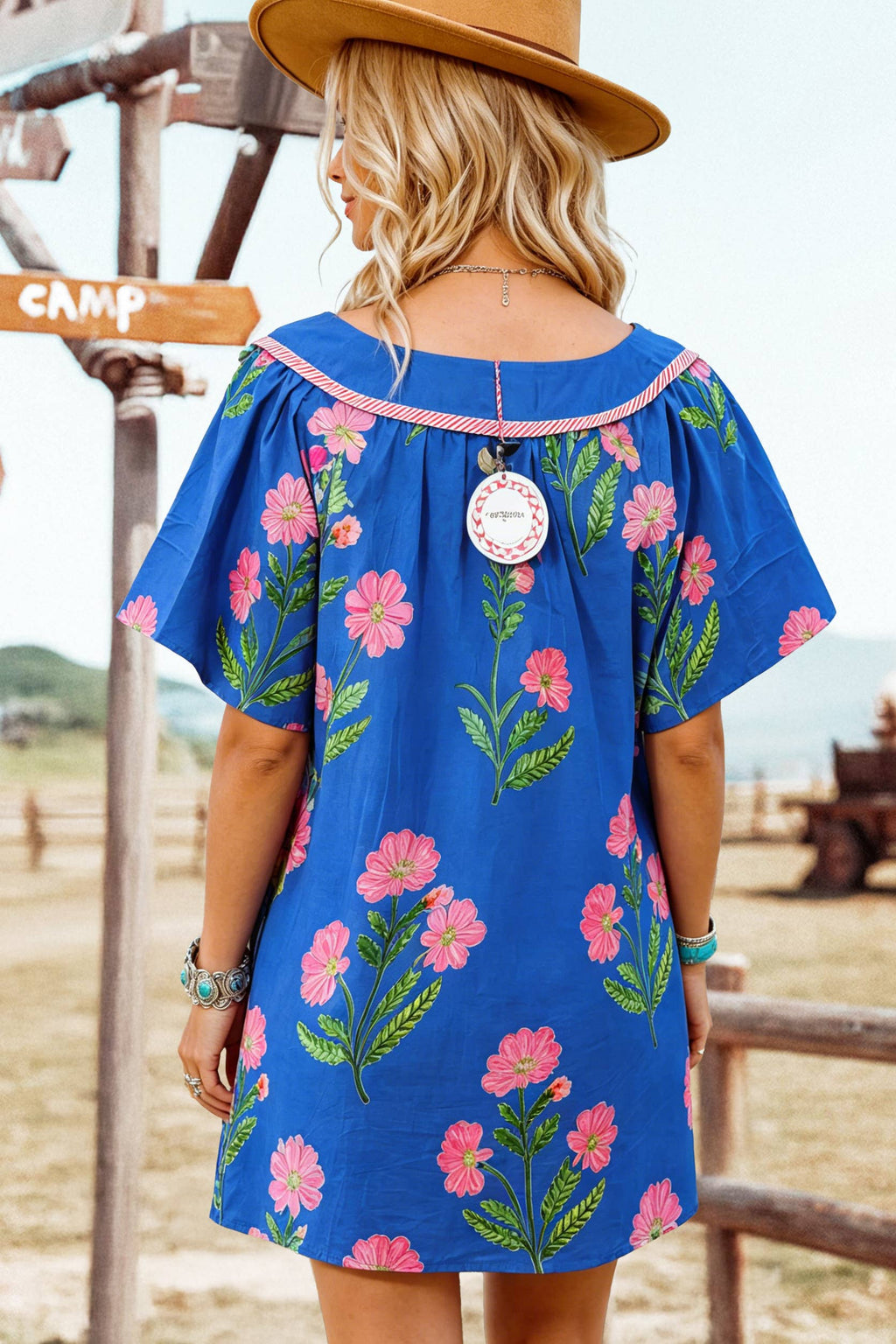 Summer 2026 Floral Short Sleeve Split Neck Boho Mini Dress: Blue / Missy / L