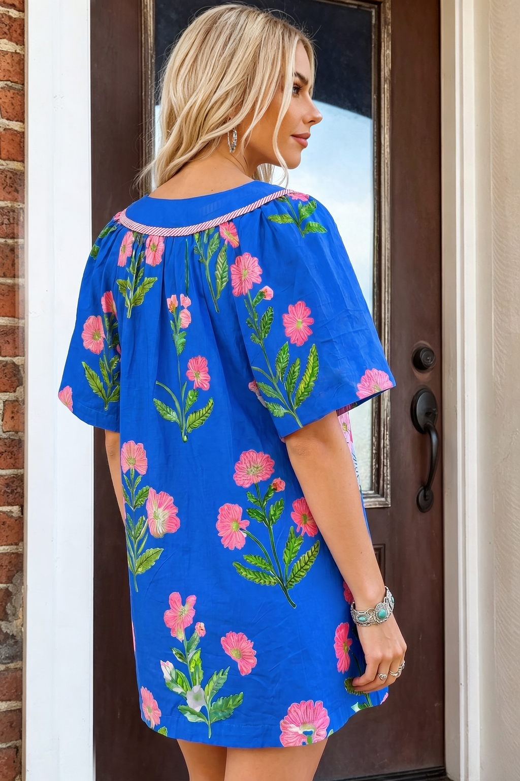 Summer 2026 Floral Short Sleeve Split Neck Boho Mini Dress: Blue / Missy / L