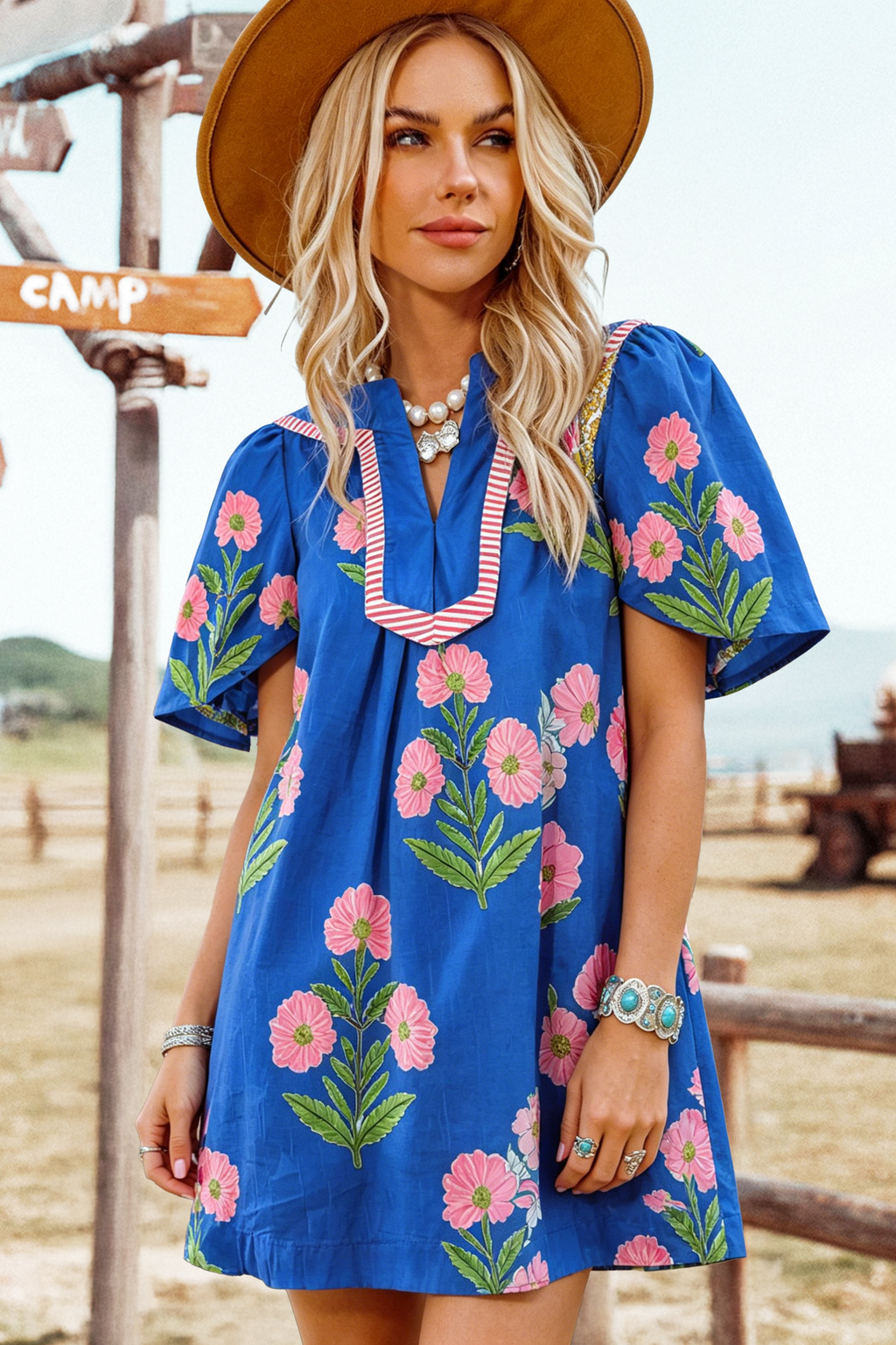Summer 2026 Floral Short Sleeve Split Neck Boho Mini Dress: Blue / Missy / XL