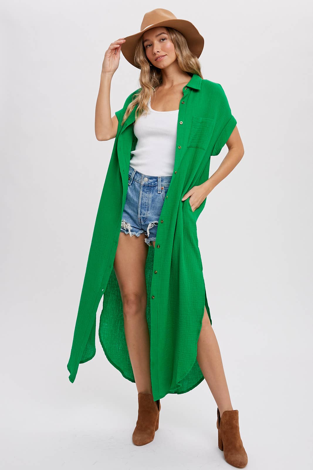 BUTTON UP MAXI SHIRT DRESS WITH POCKET: KELLY GREEN / L