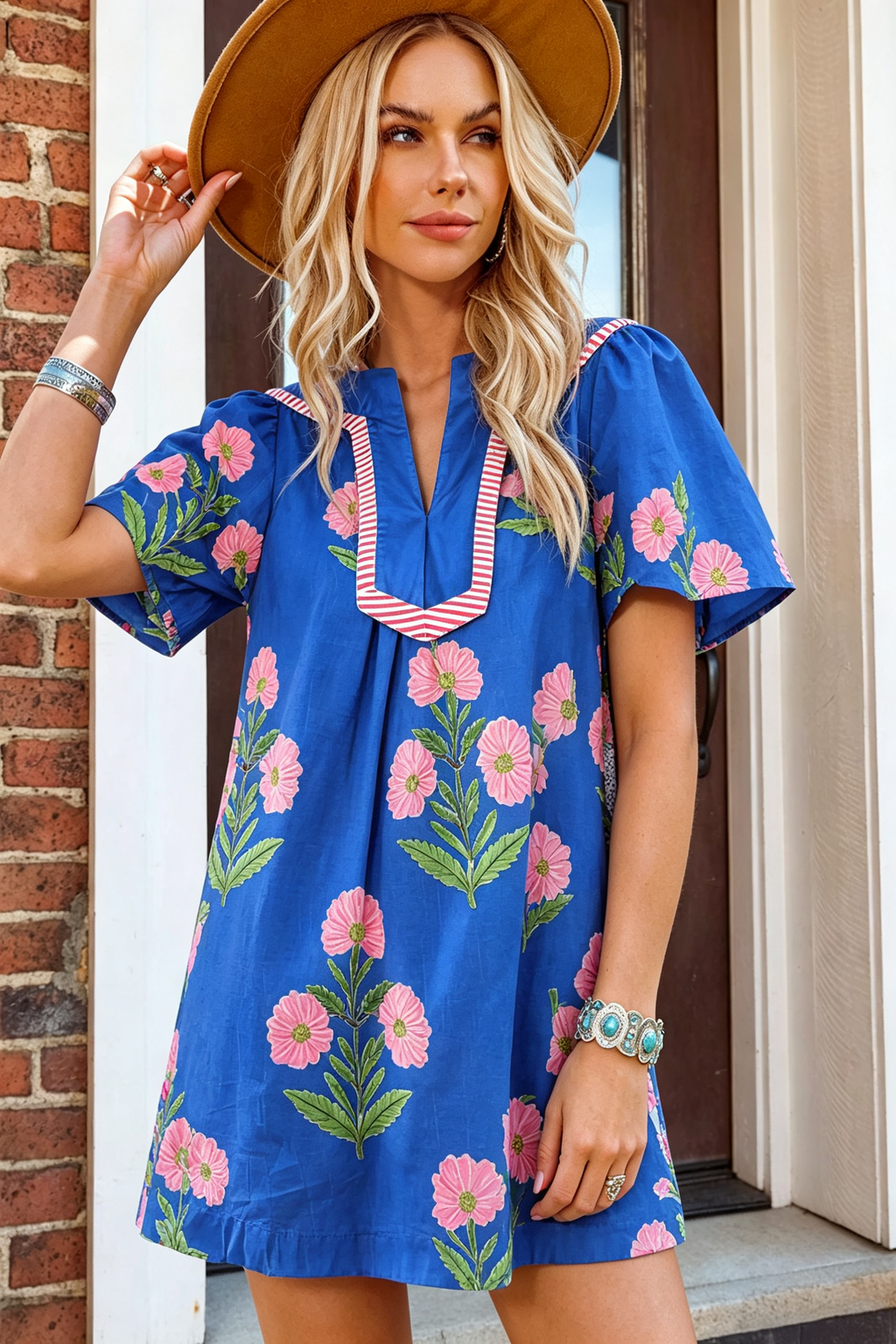 Summer 2026 Floral Short Sleeve Split Neck Boho Mini Dress: Blue / Missy / S