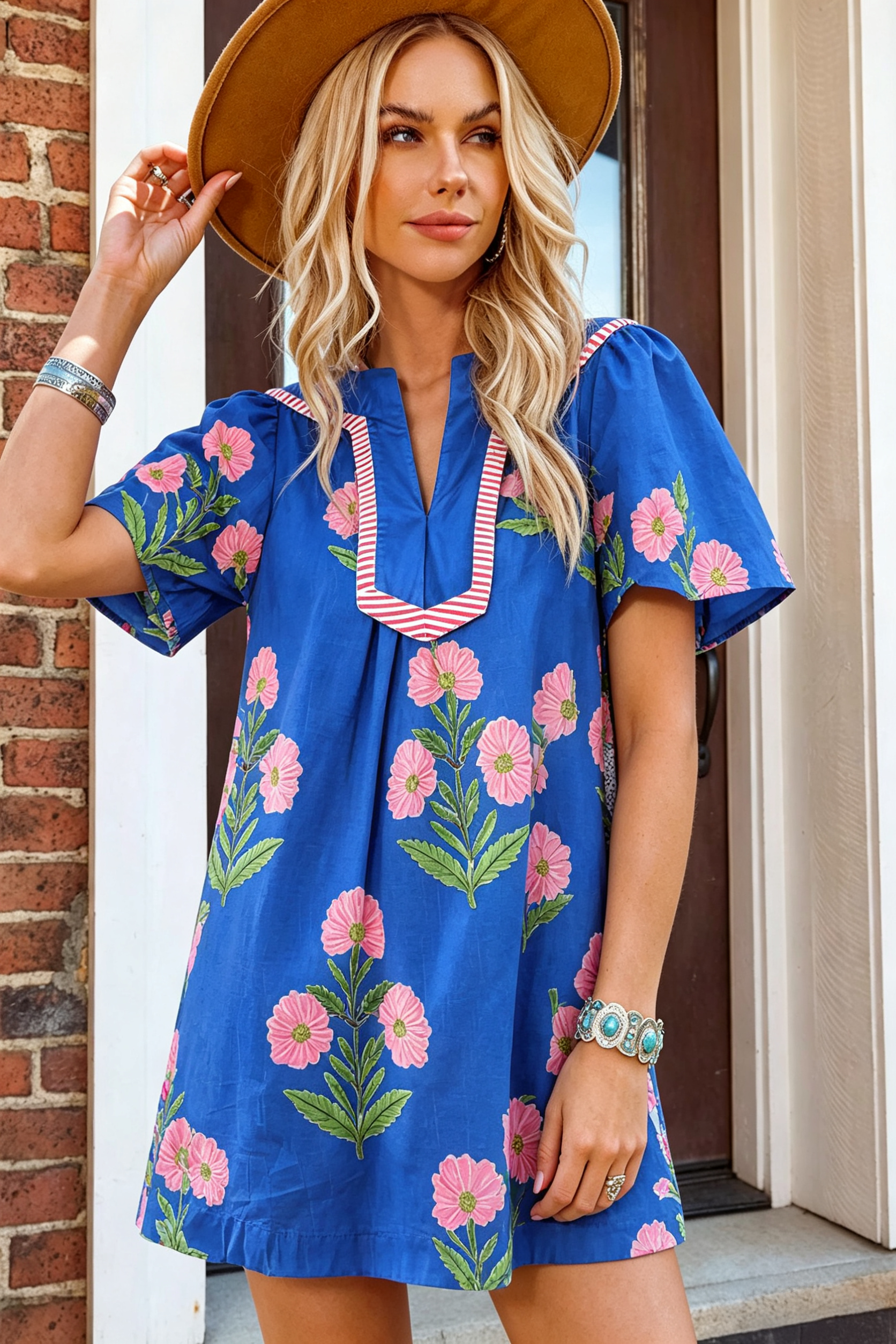 Summer 2026 Floral Short Sleeve Split Neck Boho Mini Dress: Blue / Missy / S