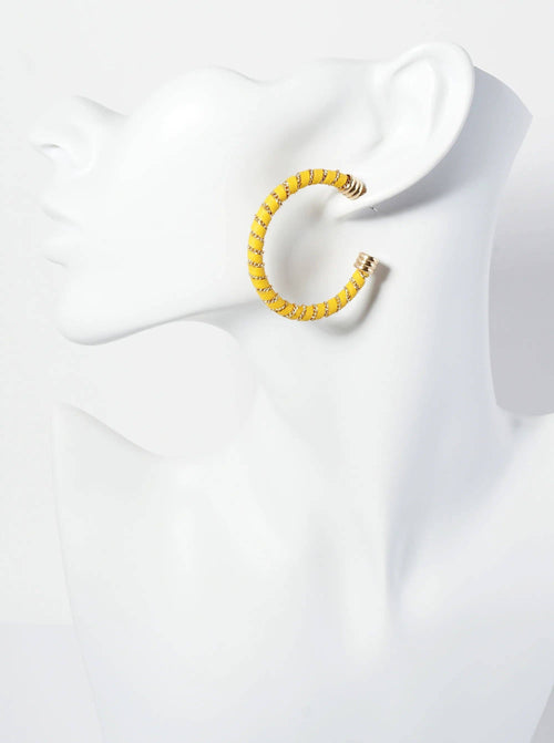 Leatherette And Chain Wrapped 40mm Open Hoop Earrings: Mustard